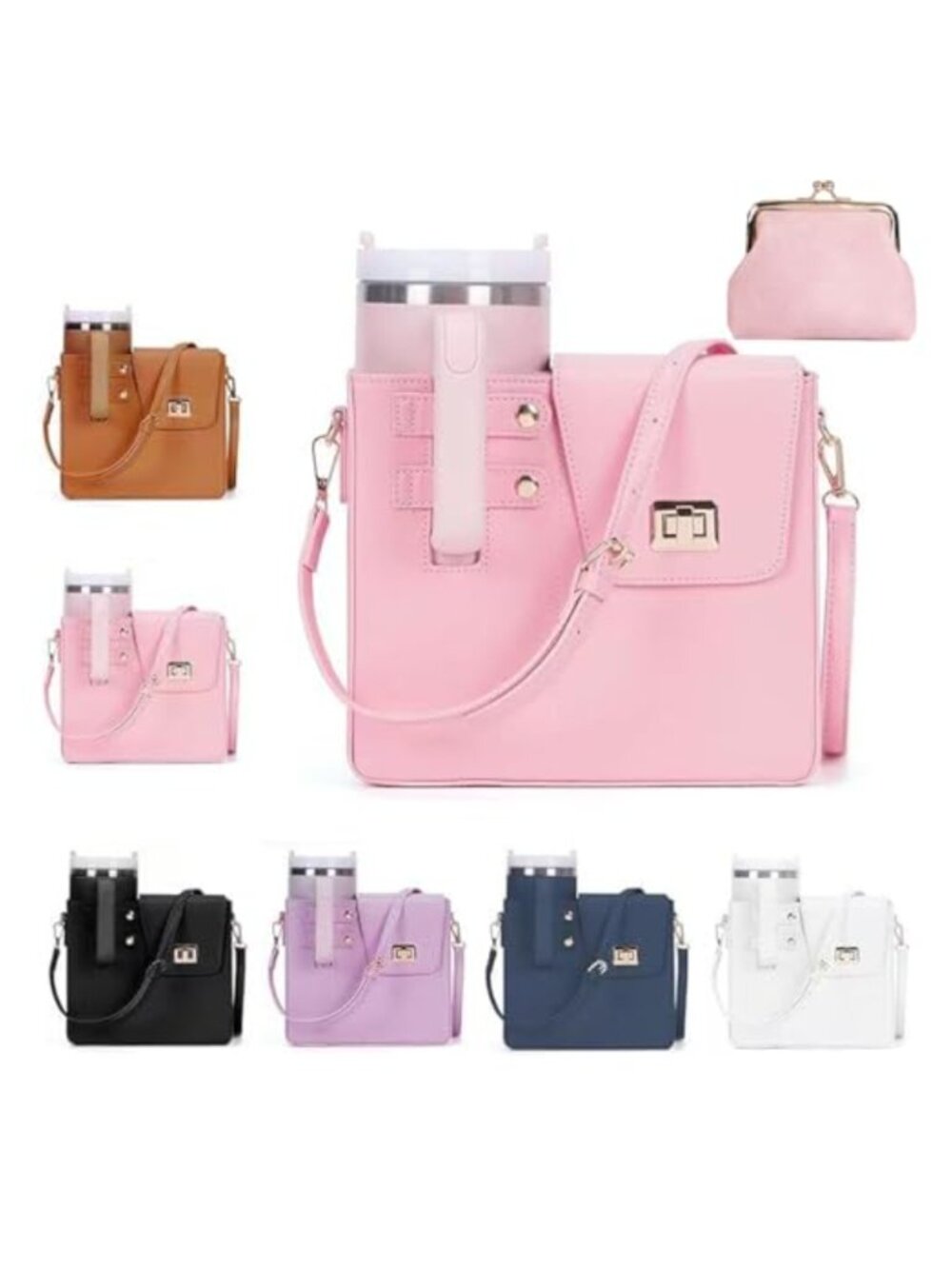 Faux Leather Crossbody Water Cup Bag with Strap Outdoor Portable Tumbler Holder
